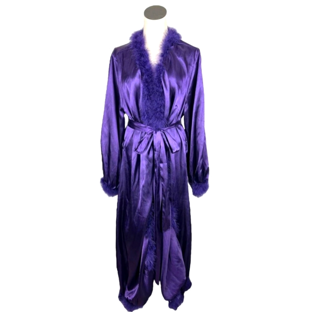 Vintage Plus Size Purple Satin Feather Trim Robe